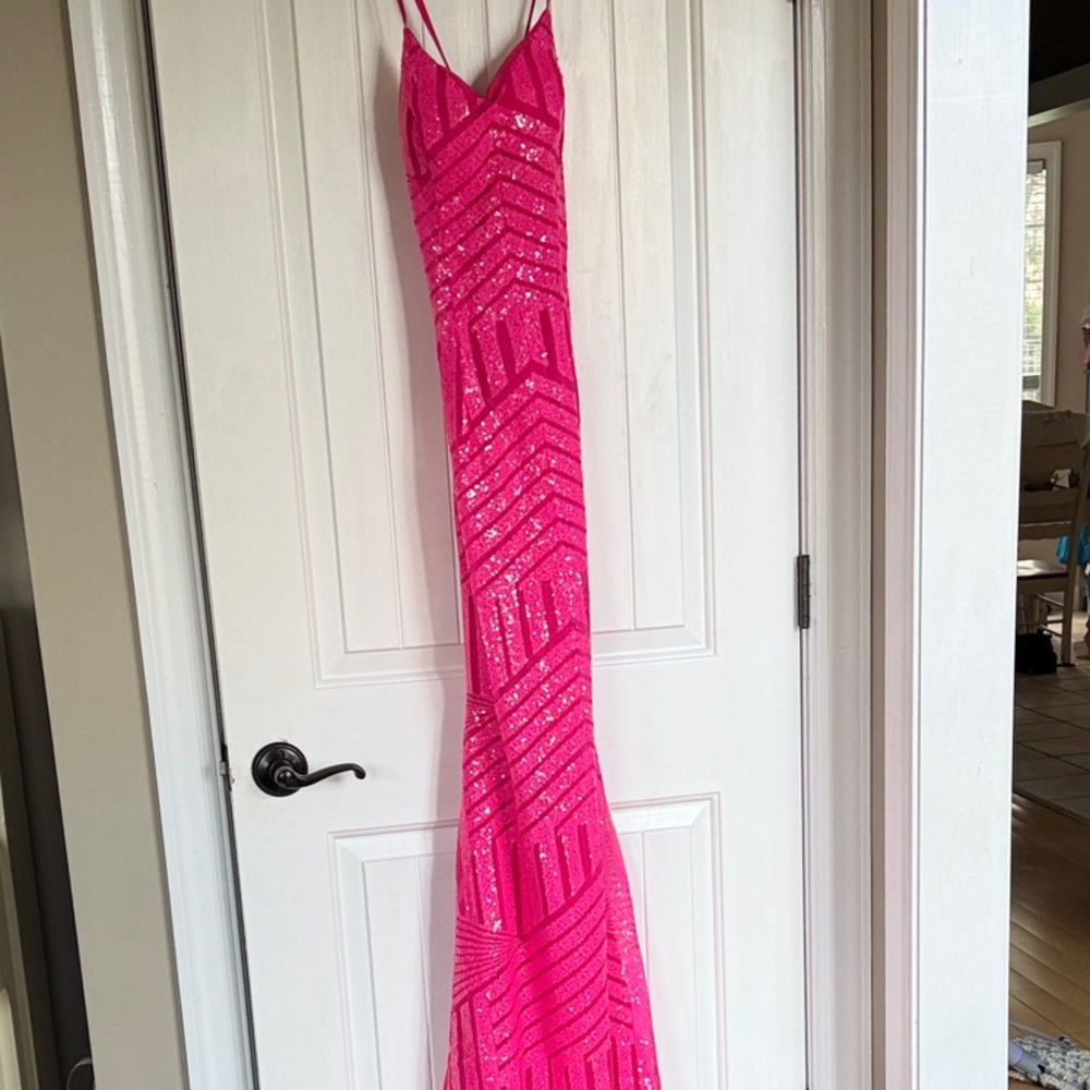Hot Pink Sequin Spaghetti-Strap Evening Gown